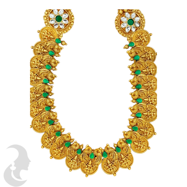 Long Haram- Lakshmi & Peacock Design-Coin Necklace- Green Color Stones- Lakshmi Studs, Product Code: V-1507 - Image 2