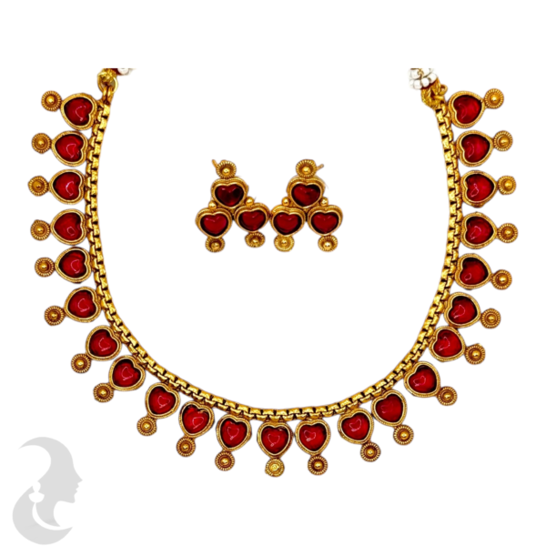 Short Necklace- Heart Design- Ruby Color Stones- Studs, Product Code: V-1511