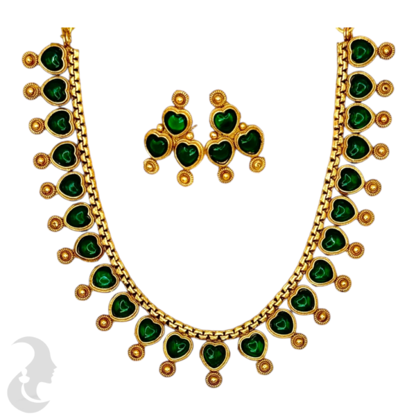 Short Necklace- Heart Design- Green Color Stones- Studs, Product Code: V-1512