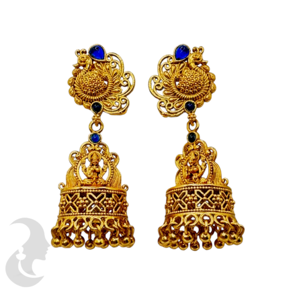 Premium Gold Jhumka- Peacock & Lakshmi Design- Dark Blue Stone, Product Code: V-1073