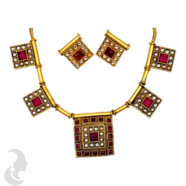 Short Necklace- Square Design- Ruby Color & Plain Stones- Square Studs, Product Code: V-1513