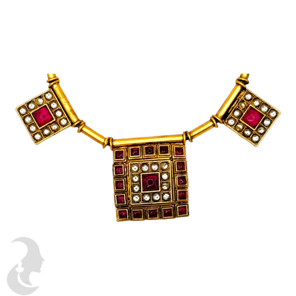 Short Necklace- Square Design- Ruby Color & Plain Stones- Square Studs, Product Code: V-1513 - Image 2