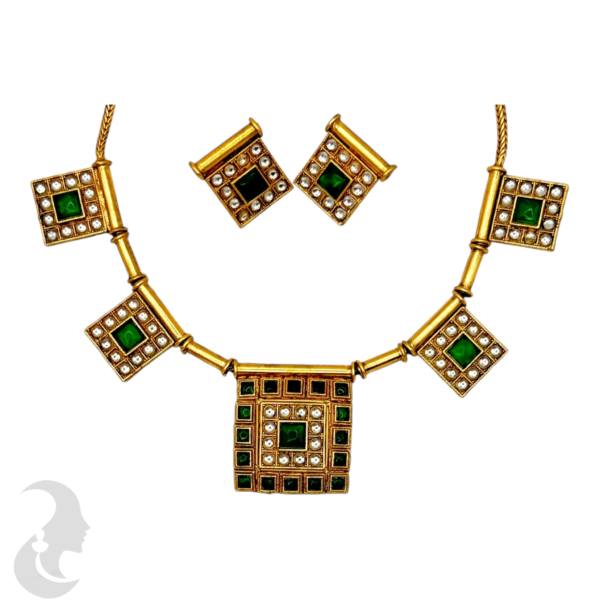 Short Necklace- Square Design- Green Color & Plain Stones- Square Studs, Product Code: V-1514