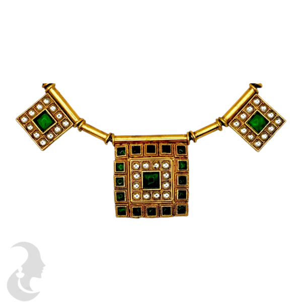 Short Necklace- Square Design- Green Color & Plain Stones- Square Studs, Product Code: V-1514 - Image 2