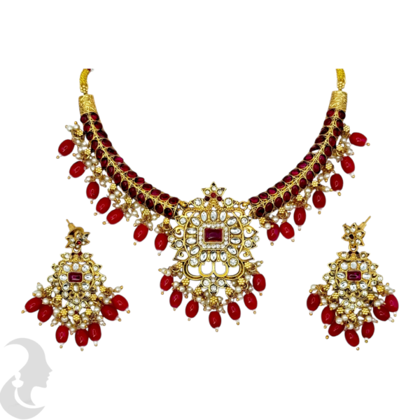 Short Necklace- Ruby Color Stones- Ruby Color & Pearl Beads Hangings- Studs, Product Code: V-1515