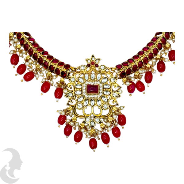 Short Necklace- Ruby Color Stones- Ruby Color & Pearl Beads Hangings- Studs, Product Code: V-1515 - Image 2