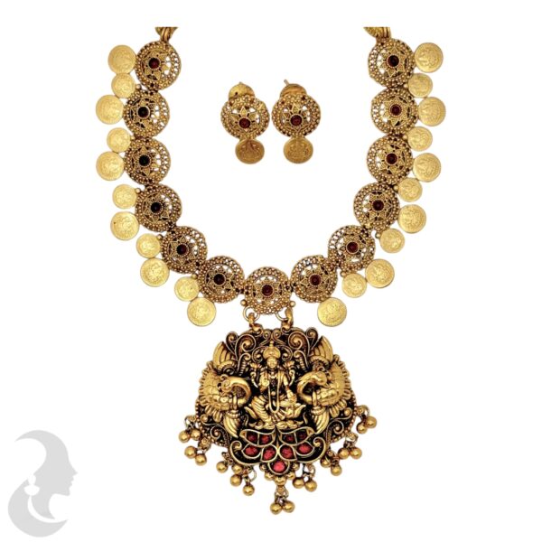 Antique Short Necklace- Coin Necklace With Lakshmi & Peacock Pendant- Ruby Color Stones- Studs, Product Code: V-1517