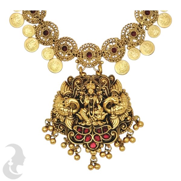 Antique Short Necklace- Coin Necklace With Lakshmi & Peacock Pendant- Ruby Color Stones- Studs, Product Code: V-1517 - Image 2