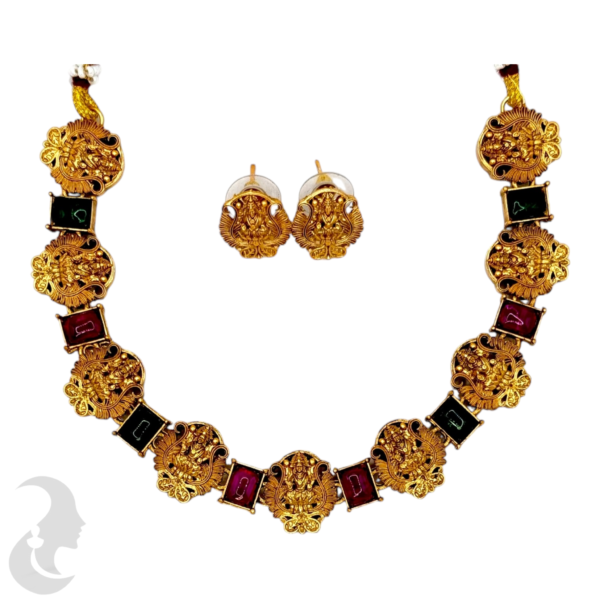 Short Necklace- Lakshmi Design- Ruby & Green Color Stones- Studs, Product Code: V-1518