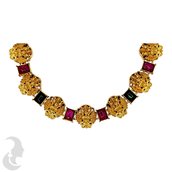 Short Necklace- Lakshmi Design- Ruby & Green Color Stones- Studs, Product Code: V-1518 - Image 2