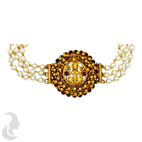 Pearl Choker- Lakshmi Design- Ruby Color & Green Color Stones- Lakshmi Studs, Product Code: V-1520 - Image 2