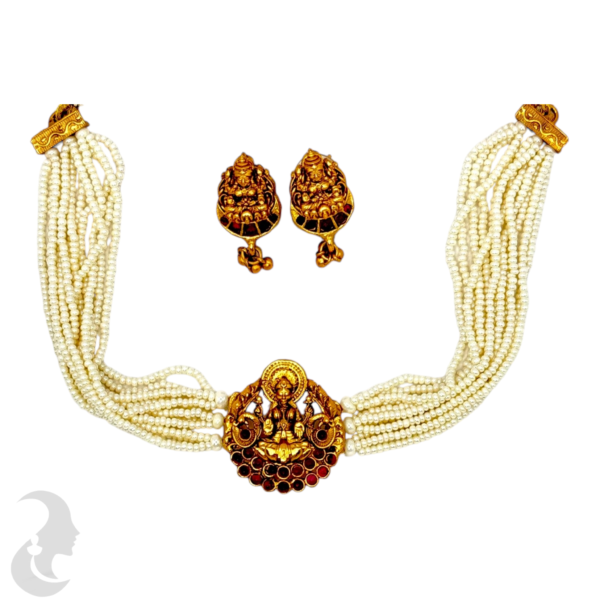 White Beads Choker- Lakshmi & Peacock Design- Ruby Color Stones- Lakshmi Studs, Product Code: V-1521