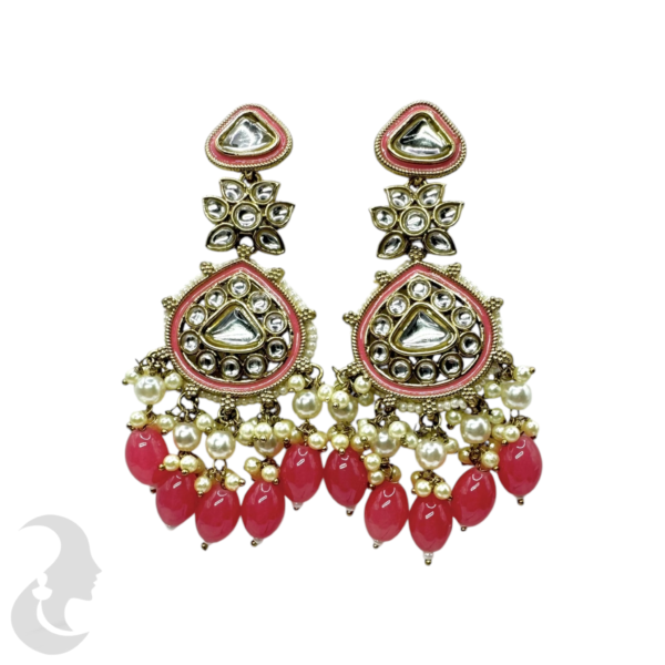 Kundan Stone Earrings- White & Baby Pink Hangings, Product Code: V-1074