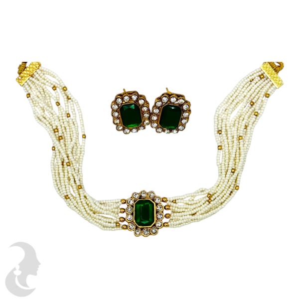 White Beads Choker- Square Design- Green Color Stones- Square Studs, Product Code: V-1525