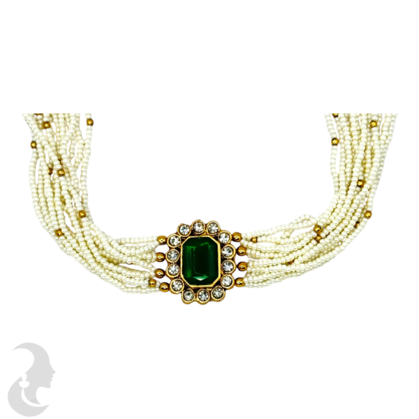 White Beads Choker- Square Design- Green Color Stones- Square Studs, Product Code: V-1525 - Image 2