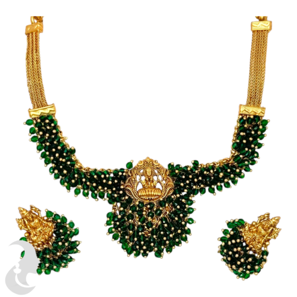 Choker- Green Color Stones- Lakshmi Design- Green Color Stone Studs, Product Code: V-1527