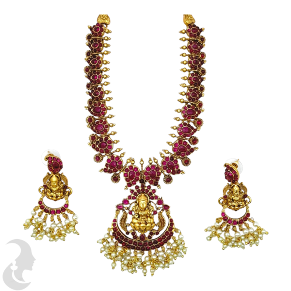 Antique Necklace- Lakshmi Pendant- Mango Design Necklace-- Ruby Color Stones- Hangings Studs, Product Code: V-1529