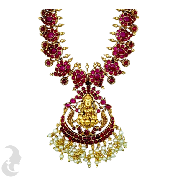 Antique Necklace- Lakshmi Pendant- Mango Design Necklace-- Ruby Color Stones- Hangings Studs, Product Code: V-1529 - Image 2