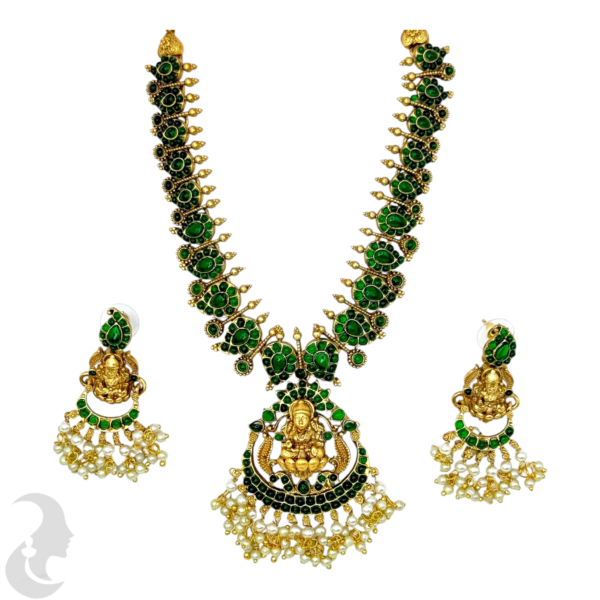 Antique Necklace- Lakshmi Pendant- Mango Design Necklace-- Green Color Stones- Hangings Studs, Product Code: V-1530