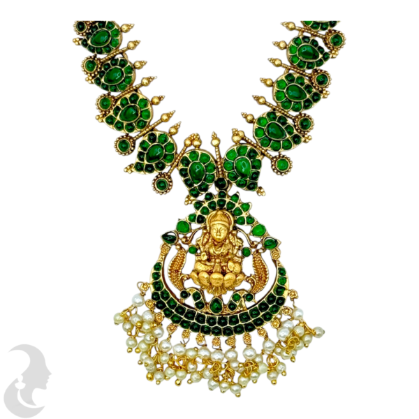 Antique Necklace- Lakshmi Pendant- Mango Design Necklace-- Green Color Stones- Hangings Studs, Product Code: V-1530 - Image 2