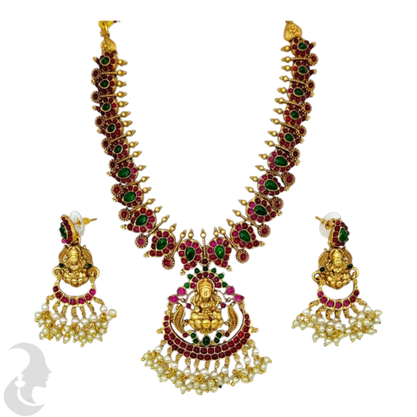 Antique Necklace- Lakshmi Pendant- Mango Design Necklace-- Green Color & Ruby Color Stones- Hangings Studs, Product Code: V-1531