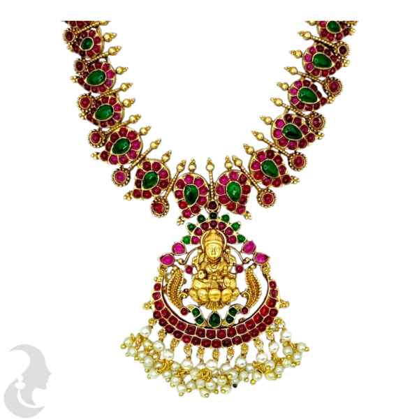 Antique Necklace- Lakshmi Pendant- Mango Design Necklace-- Green Color & Ruby Color Stones- Hangings Studs, Product Code: V-1531 - Image 2