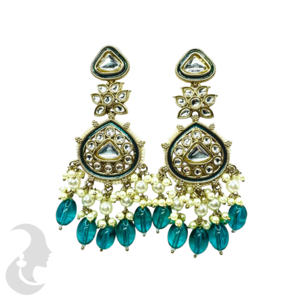 Kundan Stone Earrings- White & Blue Hangings, Product Code: V-1795