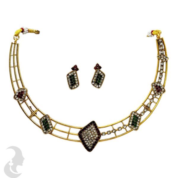 Choker- Unique Design- Plain, Ruby & Green Color Stones- Studs, Product Code: V-1535