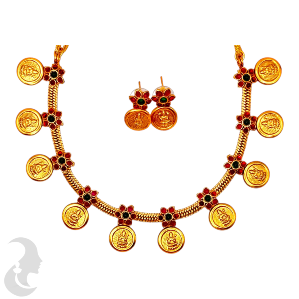 Coin Necklace- Flower Design- Ruby & Green Color Stones- Coin & Green Color Stones Studs, Product Code: V-1536