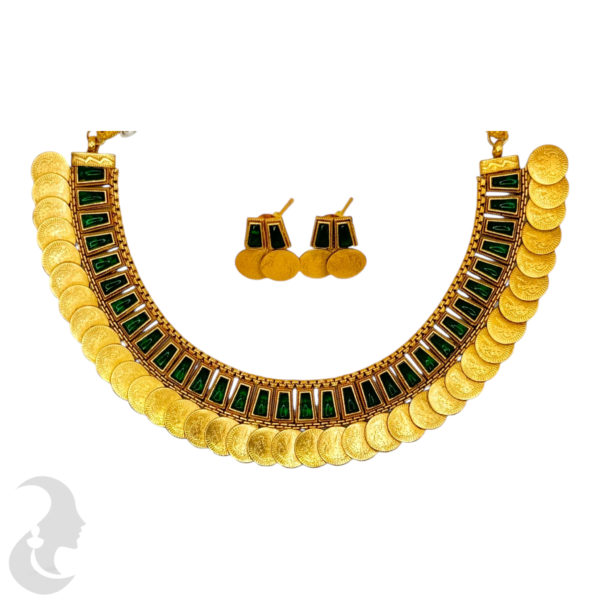 Coin Necklace- Green Color Stones- Coin Studs, Product Code: V-1537