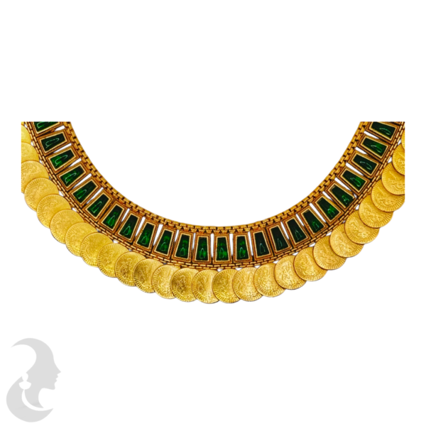 Coin Necklace- Green Color Stones- Coin Studs, Product Code: V-1537 - Image 2