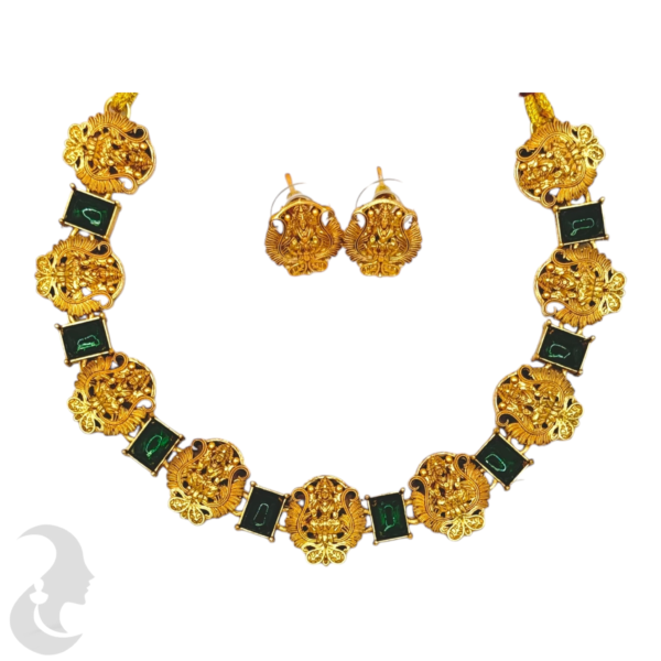 Short Necklace- Lakshmi Design- Green Color Stones- Lakshmi Studs, Product Code: V-1538