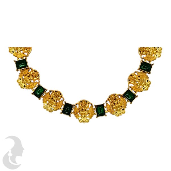 Short Necklace- Lakshmi Design- Green Color Stones- Lakshmi Studs, Product Code: V-1538 - Image 2