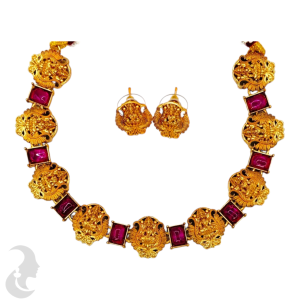 Short Necklace- Lakshmi Design- Red Stones- Lakshmi Studs, Product Code: V-1539