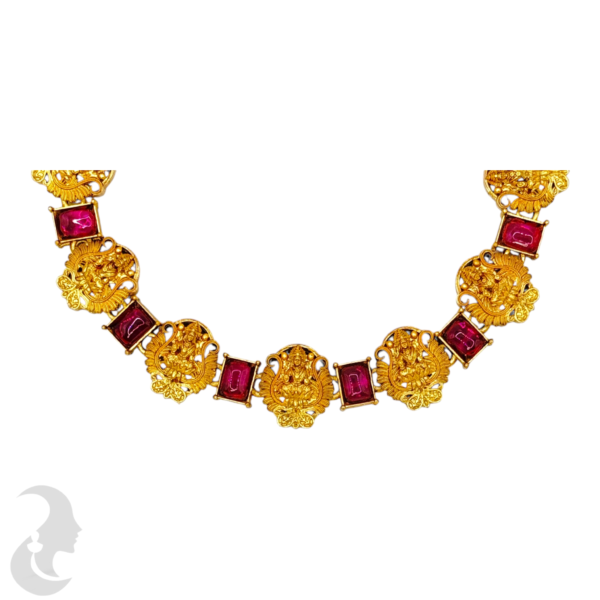 Short Necklace- Lakshmi Design- Red Stones- Lakshmi Studs, Product Code: V-1539 - Image 2