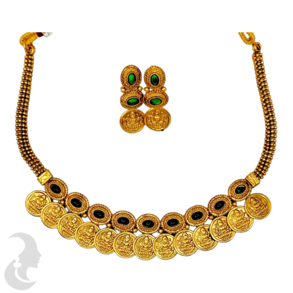 Coin Necklace- Green Color Stones- Coin Studs, Product Code: V-1542