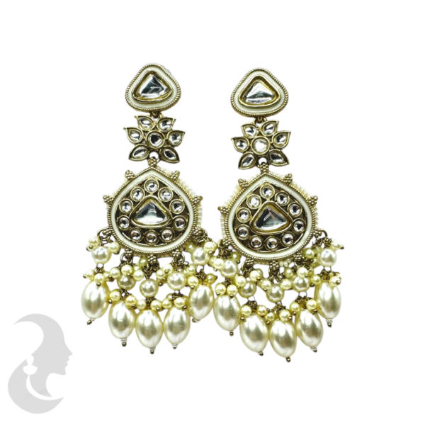 Kundan Stone Earrings- White Stones & Hangings, Product Code: V-1796