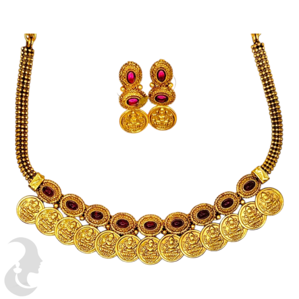 Coin Necklace- Ruby Color Stones- Coin Studs, Product Code: V-1543