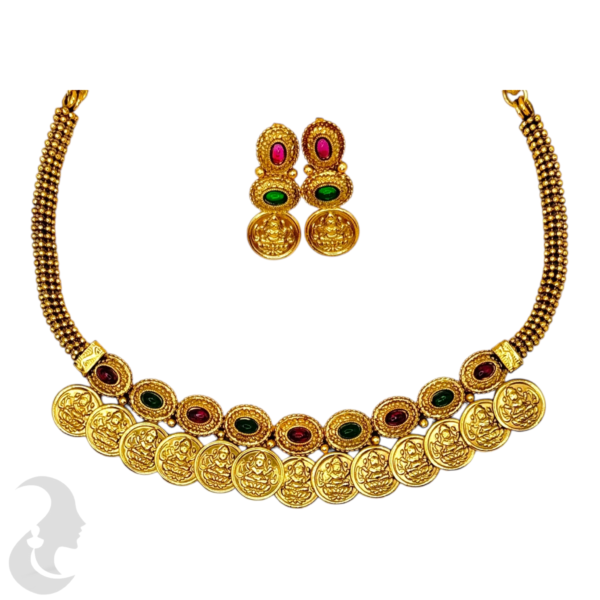 Coin Necklace- Green Color & Ruby Color Stones- Coin Studs, Product Code: V-1544