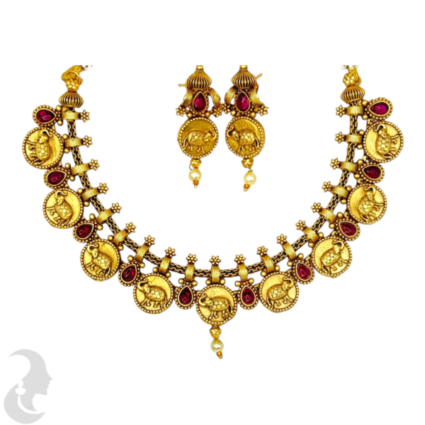 Short Necklace- Coin With Elephant Design- Ruby Color Stones- Studs, Product Code: V-1548