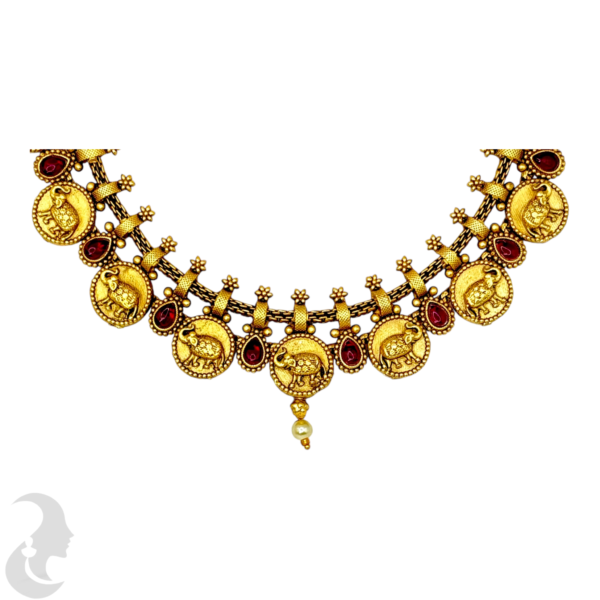 Short Necklace- Coin With Elephant Design- Ruby Color Stones- Studs, Product Code: V-1548 - Image 2