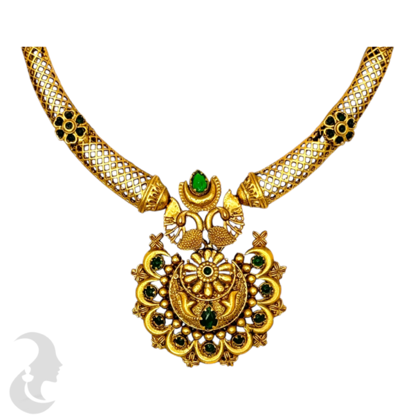 Short Necklace- Green Color Stones- Flower Design- Big Studs, Product Code: V-1550 - Image 2