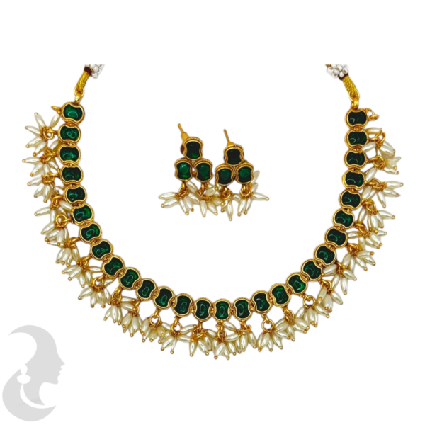 Short Necklace Rice Pearls (Ari Mani Mala )- Green Color Stones- Studs, Product Code: V-1551