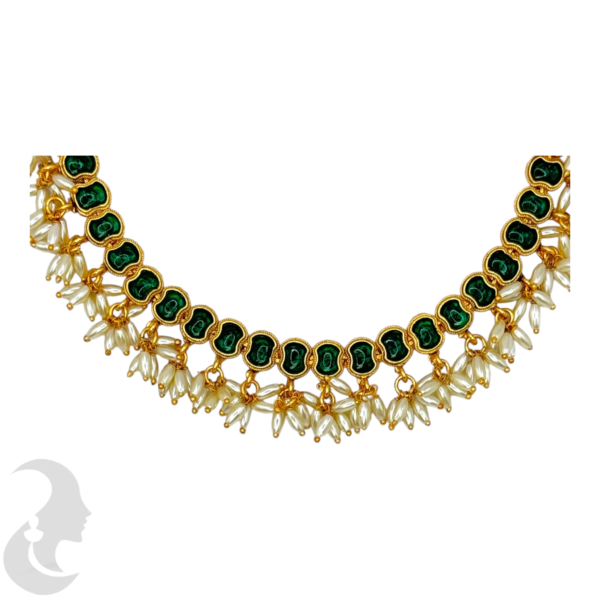 Short Necklace Rice Pearls (Ari Mani Mala )- Green Color Stones- Studs, Product Code: V-1551 - Image 2