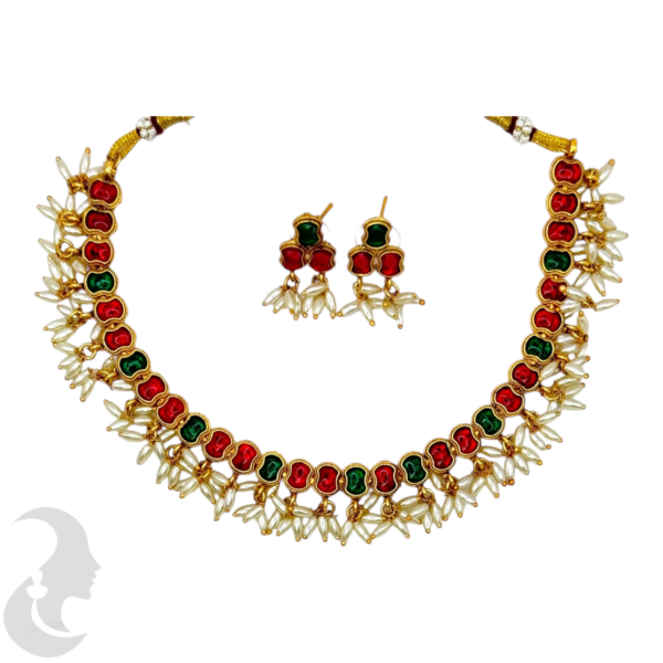 Short Necklace Rice Pearls (Ari Mani Mala )- Green Color & Red Stones- Studs, Product Code: V-1552