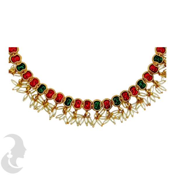 Short Necklace Rice Pearls (Ari Mani Mala )- Green Color & Red Stones- Studs, Product Code: V-1552 - Image 2