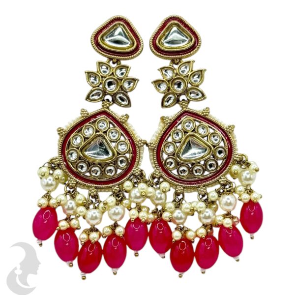 Kundan Stone Earrings- White & Dark Pink Hangings, Product Code: V-1925