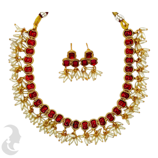 Short Necklace Rice Pearls (Ari Mani Mala )- Red Stones- Studs, Product Code: V-1553