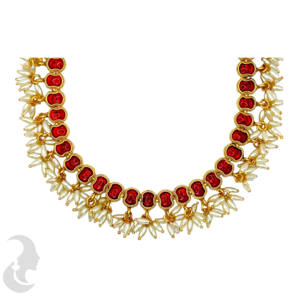 Short Necklace Rice Pearls (Ari Mani Mala )- Red Stones- Studs, Product Code: V-1553 - Image 2