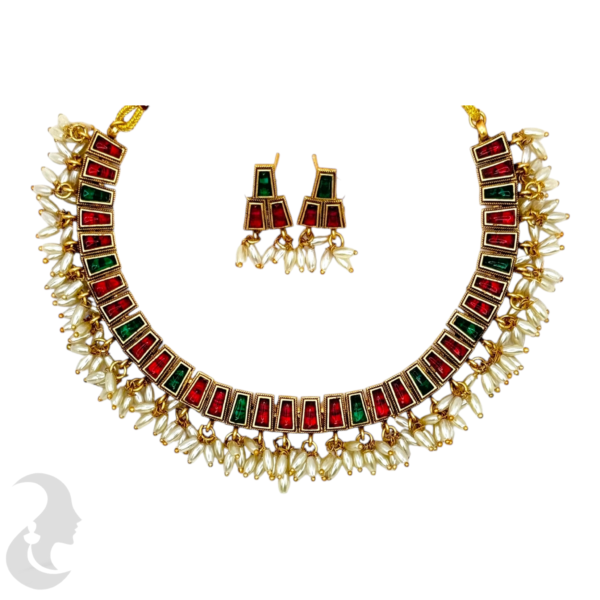 Short Necklace Rice Pearls (Ari Mani Mala )- Red & Green Color Stones- Studs, Product Code: V-1554